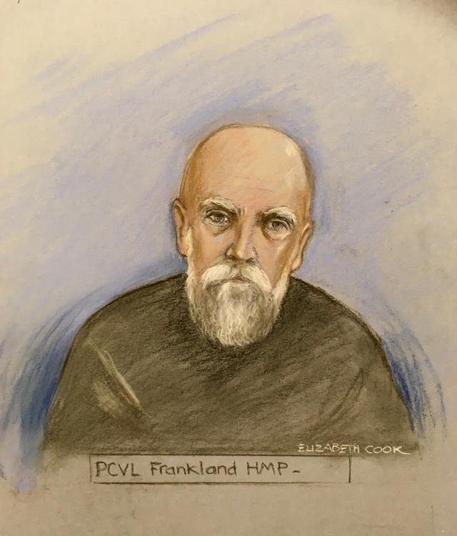 Court artist sketch by Elizabeth Cook of Wayne Couzens appearing via video link at Westminster Magistrates’ Court 