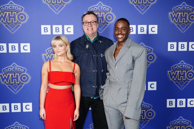 Millie Gibson and Ncuti Gatwa with Doctor Who showrunner Russell T Davies