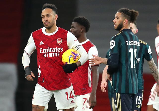 Pierre-Emerick Aubameyang (left) scored a hat-trick for Arsenal against Leeds but was unable to get on the scoresheet in Rome