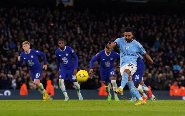 Riyad Mahrez scores City's fourth and his second at the Etihad Stadium (Martin Rickett/PA).