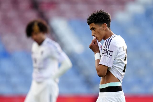 Manchester United’s JJ Gabriel pulls his shirt up to his mouth during the U18 Premier League Cup final against Crystal Palace in April