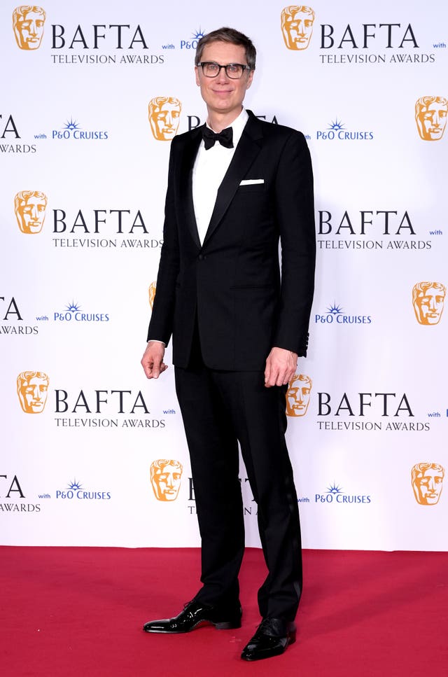 Stephen Merchant in the press room at the Bafta TV Awards 2024