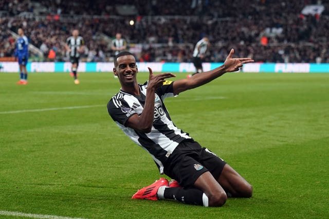 Newcastle’s Alexander Isak celebrates after scoring against Leicester