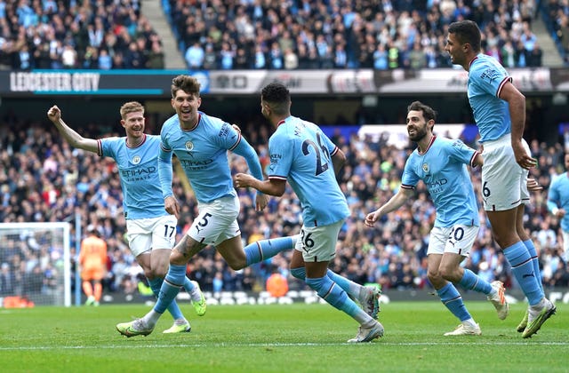 Manchester City celebrate scoring against Leicester