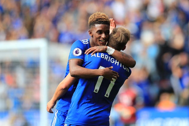 Marc Albrighton, right, celebrates with Demarai Gray