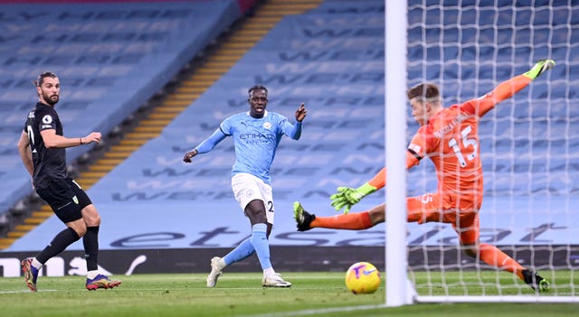 Manchester City’s Benjamin Mendy scores his side’s third goal in the 6-0 win over Burnley