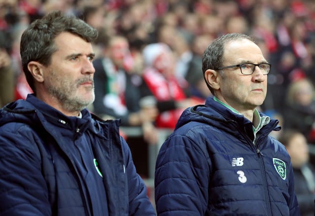Republic of Ireland manager Martin O’Neill (right) with assistant Roy Keane during a World Cup qualifying play-off first leg match against Denmark at the Parken Stadium in Copenhagen