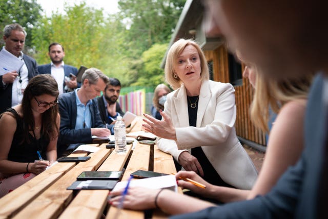Foreign Secretary and Tory leadership candidate, Liz Truss speaks to the press during a visit to the children’s charity, Little Miracles in Peterborough, to speak about the cost-of-living pressures and her vision to ease the burden on families