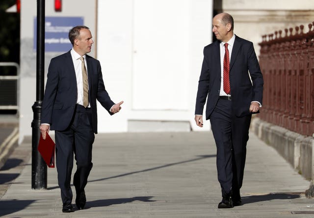 Foreign Secretary Dominic Raab and Permanent Under Secretary Philip Barton arrive at the newly named Foreign, Commonwealth and Development office in King Charles Street, Westminster