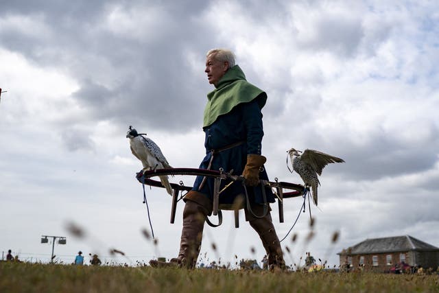 A falconer carries birds of prey 