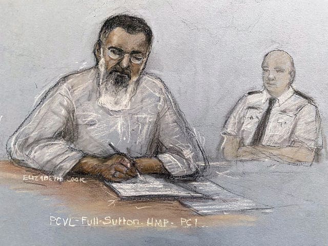 Anjem Choudary appearing by video link from HMP Full Sutton (Elizabeth Cook/PA)