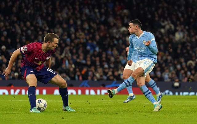 Phil Foden scores Manchester City''s second goal against RB Leipzig