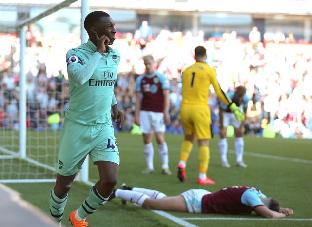 Eddie Nketiah celebrates scoring in stoppage time of Arsenal's 3-1 win at Burnley