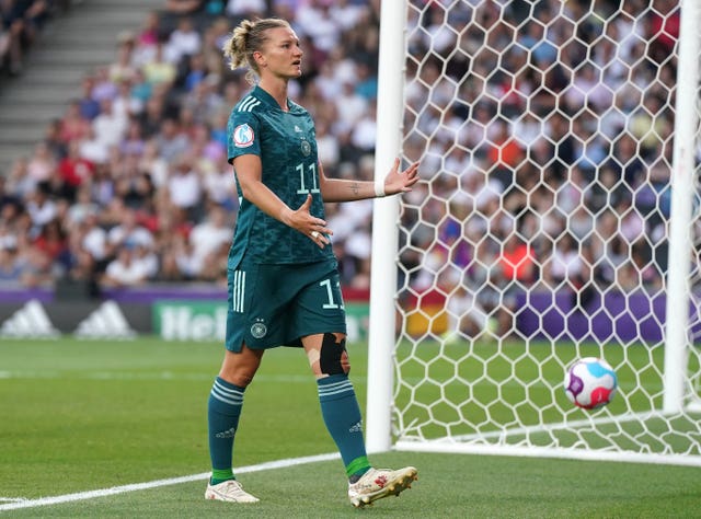 Germany’s Alexandra Popp reacts after missing an attempt at goal during the UEFA Women’s Euro 2022 Group B match at Stadium MK, Milton Keynes