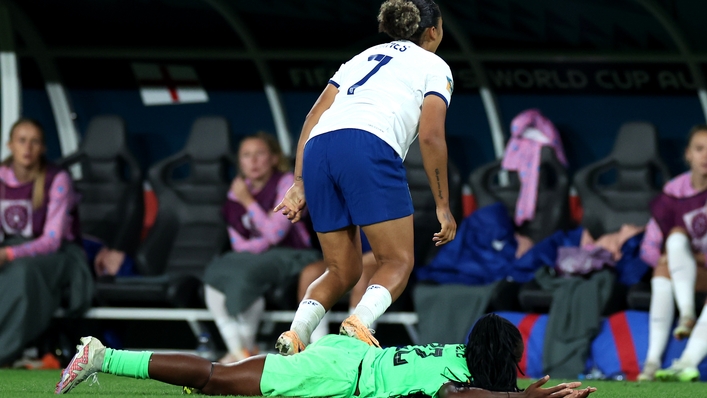 Lauren James (right) appears to stand on the back of Nigeria’s Michelle Alozie, which results in a red card following a VAR review (Isabel Infantes/PA)