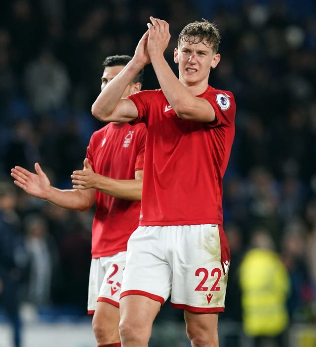 Nottingham Forest’s Ryan Yates applauds the travelling fans 