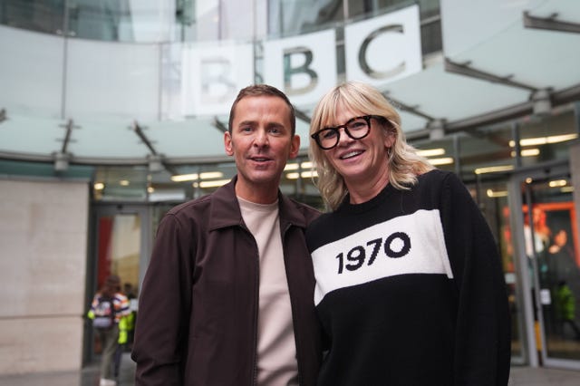 Zoe Ball and Scott Mills outside New Broadcasting House in central London