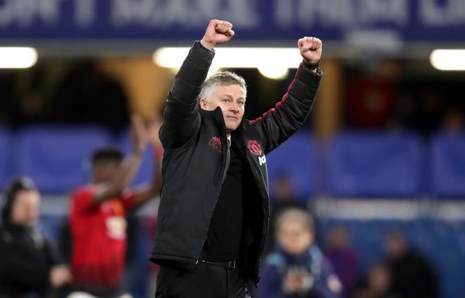 Ole Gunnar Solskjaer celebrates an FA Cup win over Chelsea as Manchester United caretaker manager