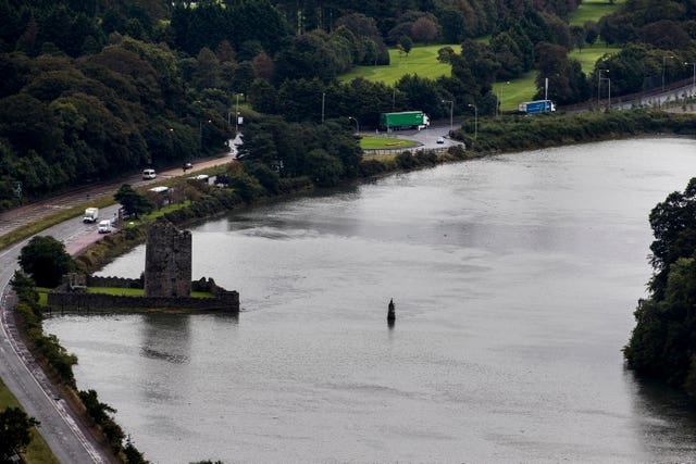 Narrow Water Keep seen from from Flagstaff Viewpoint on the hills outside Newry where the Newry River flows out to Carlingford Lough