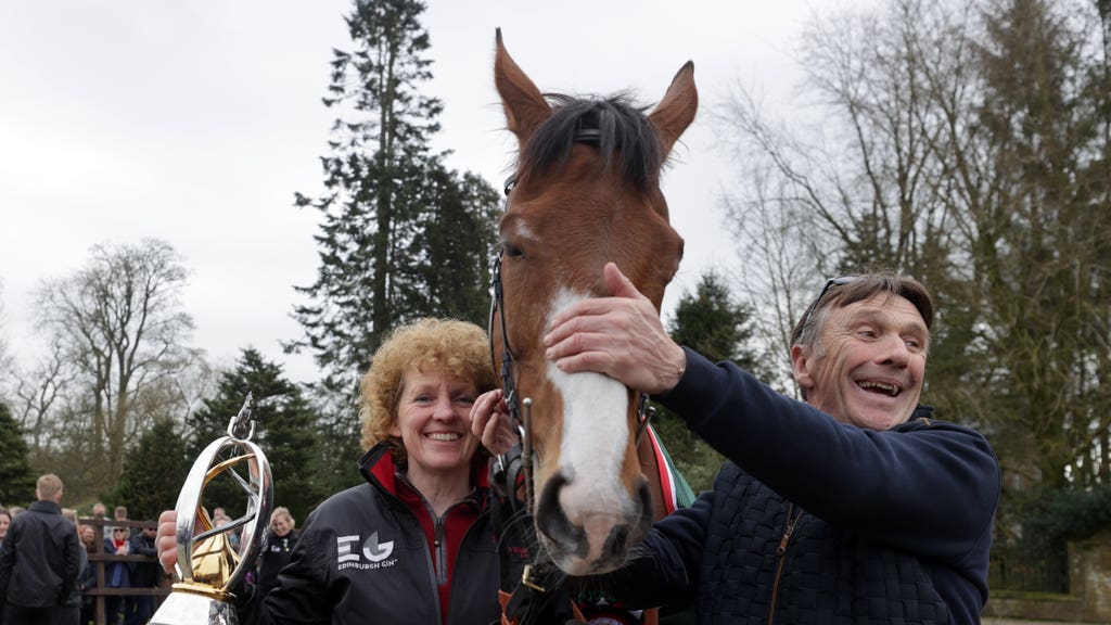 Corach Rambler and trainer Lucinda Russell (left) and Peter Scudamore during the Randox Grand National winners homecoming at Arlary House Stables, Kinross