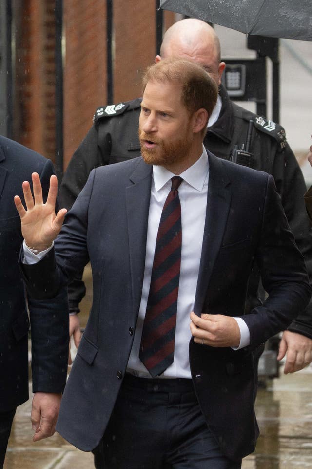 The Duke of Sussex arrives at the Royal Courts of Justice, central London, for day three of the trial over allegations of unlawful information gathering brought against Associated Newspapers Limited by seven people