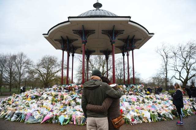 Floral tributes at the bandstand in Clapham Common