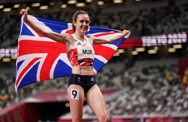 Laura Muir celebrates after winning the silver medal in the women's 1500m