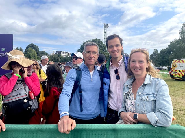 Nicky, Dan and Julia Barker in the queue