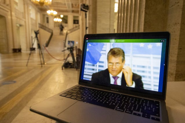 EU’s chief Brexit negotiator and Commission vice president Maros Sefcovic speaking from Brussels during an online meeting with the Northern Ireland executive office committee at Stormont 