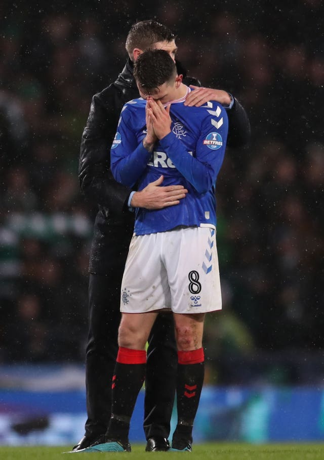Gerrard embraces Ryan Jack after last season's Betfred Cup final