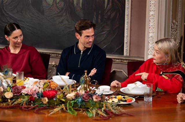 (left to right) Rachel, Sam and Harriet at breakfast in BBC1’s The Traitors