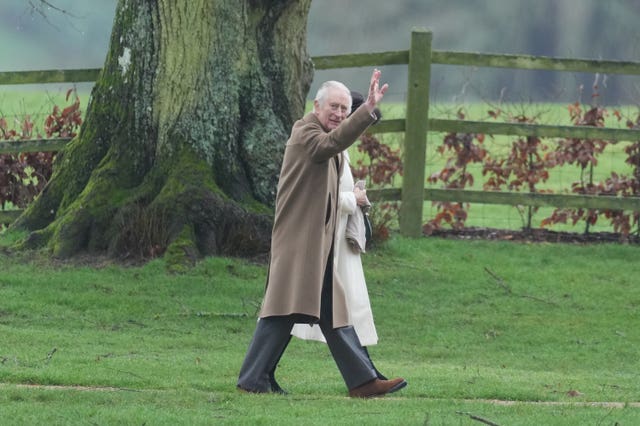 The King and Queen arrive to attend a Sunday church service at St Mary Magdalene Church in Sandringham, Norfolk. 