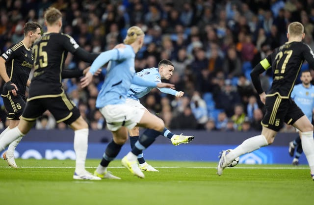 Manchester City’s Phil Foden scores against Sparta Prague with a low shot