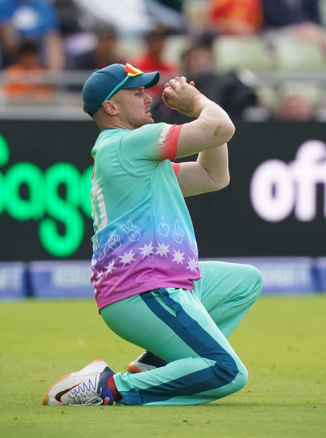 Jason Roy holds a catch while kneeling for Oval Invincibles.