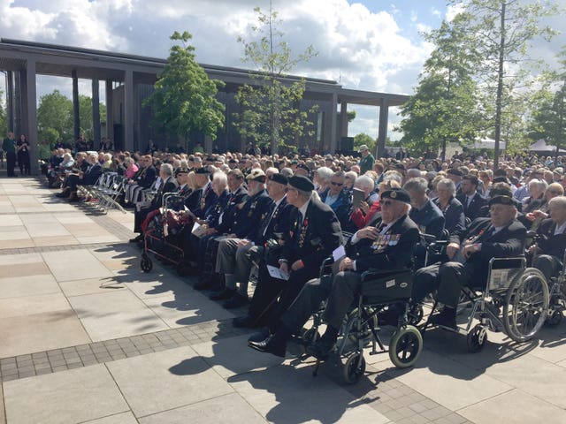 Veterans attend the National Memorial Arboretum at Alrewas in Staffordshire for a service to mark the 75th anniversary of the D-Day landings 