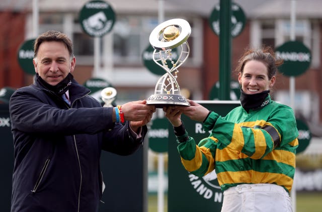 Rachael Blackmore and trainer Henry De Bromhead with the Grand National trophy 