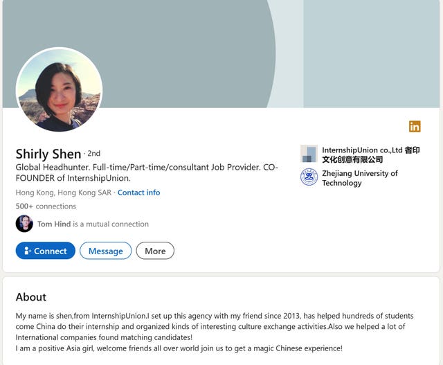 Screen grab of Shirly Shen’s Linkedin profile 