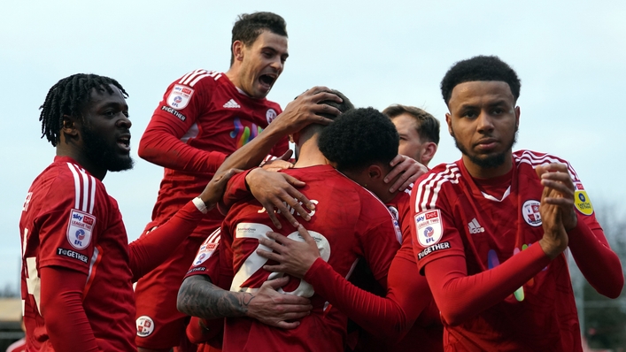 Crawley’s Teddy Jenks celebrates scoring against Salford (Gareth Fuller/PA).