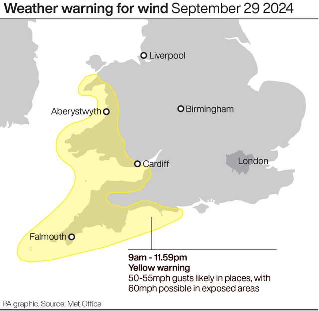 Map highlighting the parts of England and Wales affected by the weather warning for wind on September 29