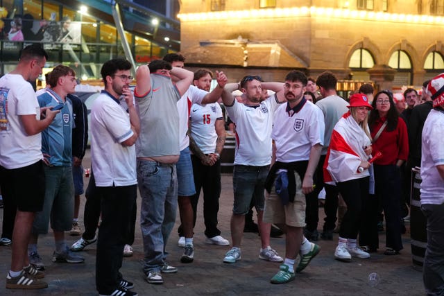 England fans look dejected following a screening of the World Cup 2026 semi-final match between England and Argentina at the World Cup Fan Zone in Times Square, Newcastle Upon Tyne