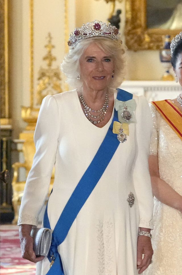 Queen Camilla wearing the King’s new Family Order at the Japanese state banquet