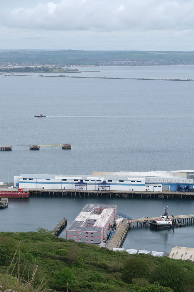 A view of the Bibby Stockholm barge at Portland Port in Dorset. 
