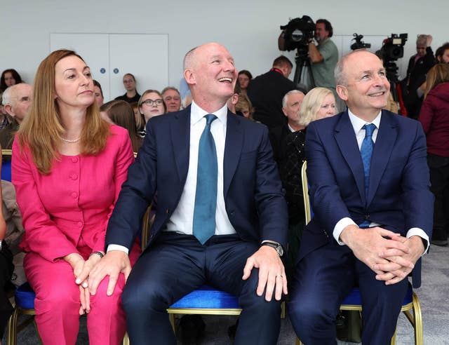 Taoiseach Micheal Martin (right) attending the launch of Fianna Fail’s presidential election candidate, Jim Gavin (centre)