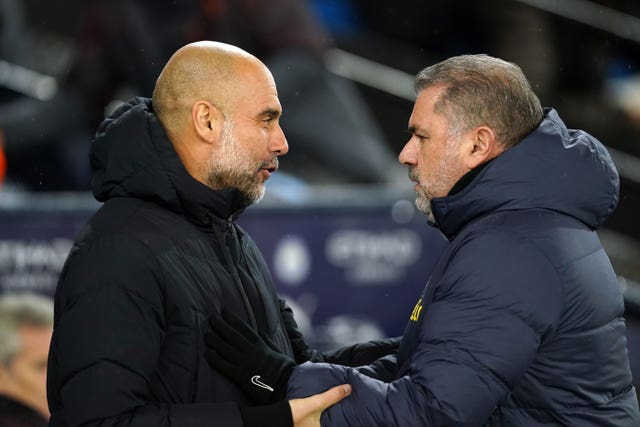 Ange Postecoglou shakes hands with Pep Guardiola