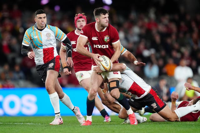 Blair Kinghorn, centre, in action for the British and Irish Lions against First Nations and Pasifika XV