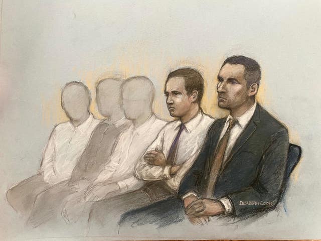 An artist's sketch of Antony Snook (right), who was convicted alongside four teenagers of murdering Mason Rist and Max Dixon