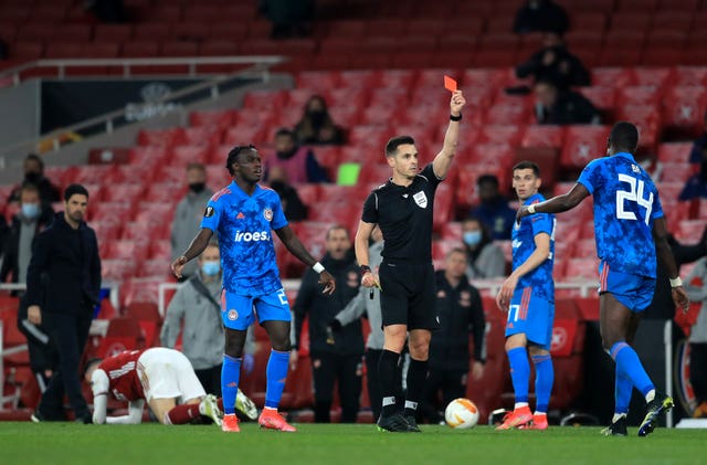 Olympiacos’ hopes were ended when Ousseynou Ba was sent off
