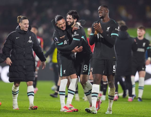 Liverpool’s Darwin Nunez and Dominik Szoboszlai celebrate victory at Brentford