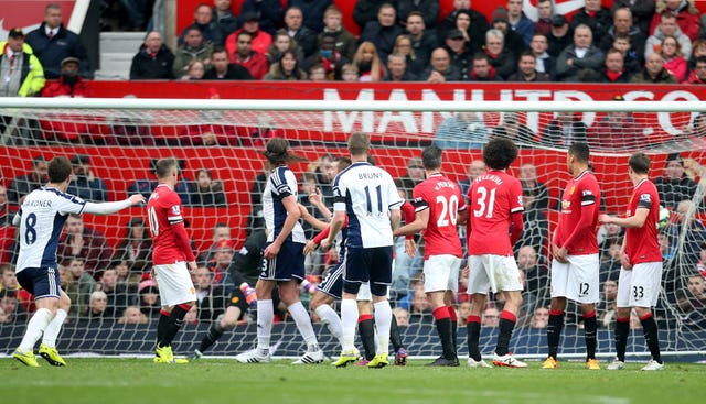 Chris Brunt scoring for West Brom at Old Trafford