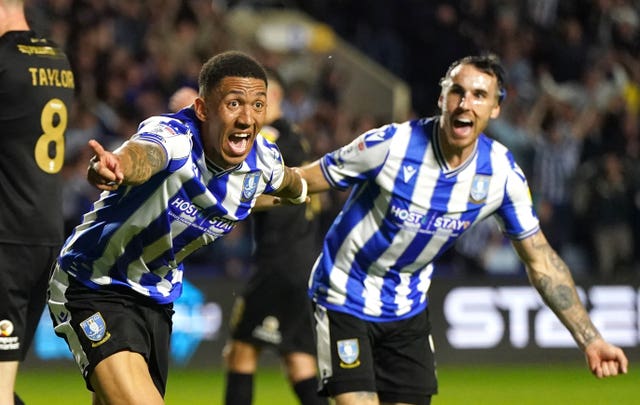Sheffield Wednesday’s Liam Palmer celebrates scoring their side’s fourth goal of the game during the Sky Bet League One play-off semi-final second leg match at Hillsborough, Sheffield on Thursday May 18, 2023